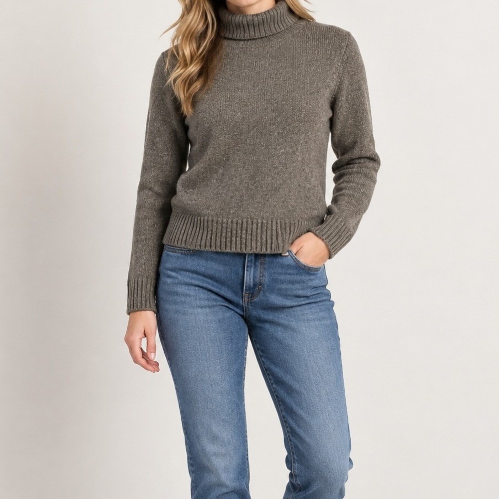 LL Bean Signature Womens Medium Lambswool Turtleneck Sweater Nuetral /Tan